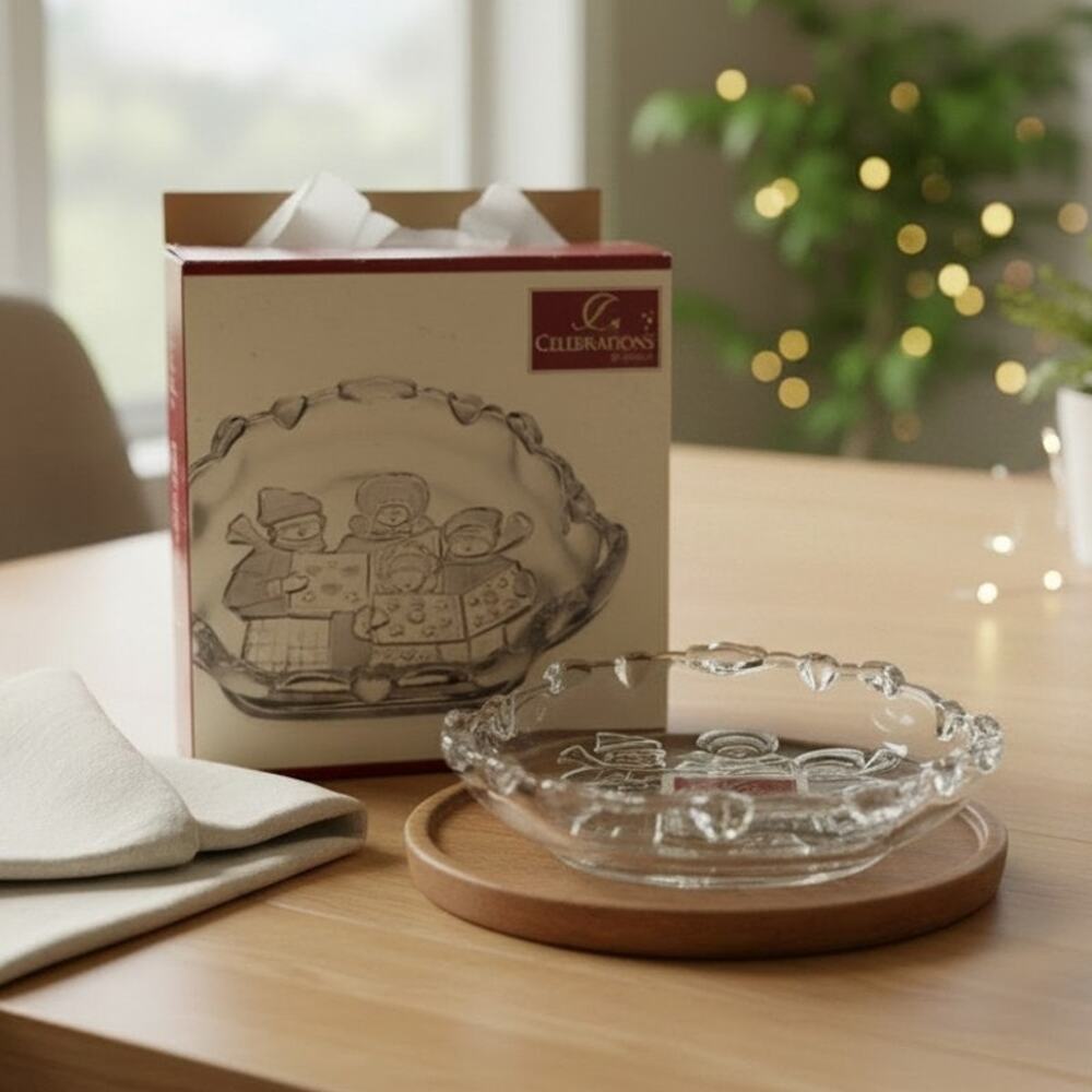 Vintage Mikasa Carolers Frosted Glass Sweet Dish NOS Christmas Japan Box